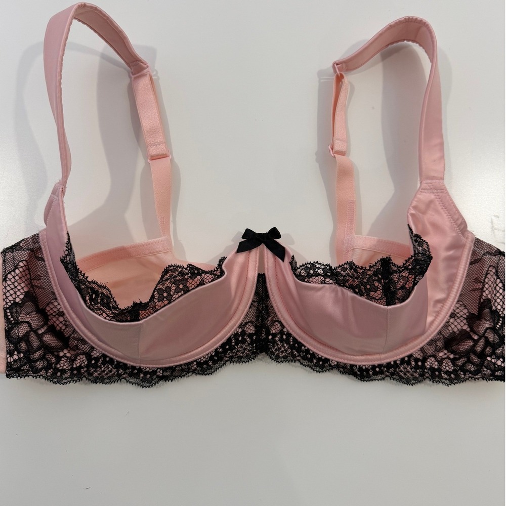 Cacique‎ Satin Pink Black Lace Underwire Balconette Bra 42C Coquette Boudoir
